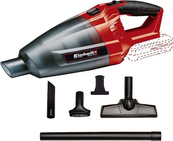 Einhell Aspiradora manual sin cable TE-VC 18 Li-Solo Power X-Change (iones de litio, contenedor de polvo de 540 ml, incl. 3 boquillas, extensión, soporte de pared, sin batería ni cargador)
