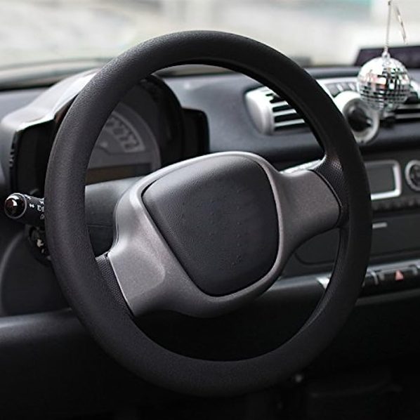 FREESOO Funda Volante Coche- Cubierta de Volante- Funda Volante Coche Universal 38CM-Cubierta del Volante del Coche-Cubre Volante Coche Cuero de Microfibra Negro-056