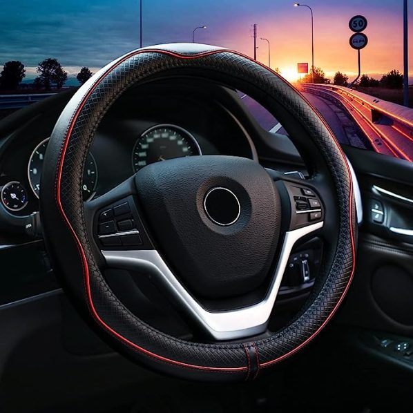 BARAC Funda Volante para Coche de Cuero Transpirable Cubierta Antideslizante Universal 38 cm con Aguja e Hilo (Negro)