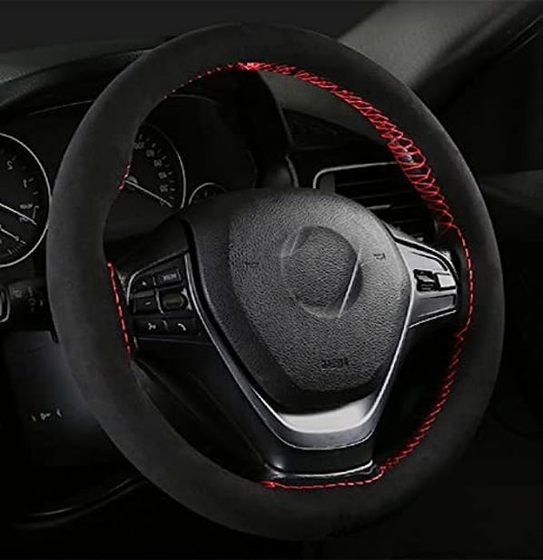 Cubierta de volante de cuero de microfibra Línea ondulada Splice X-Stitch Beige