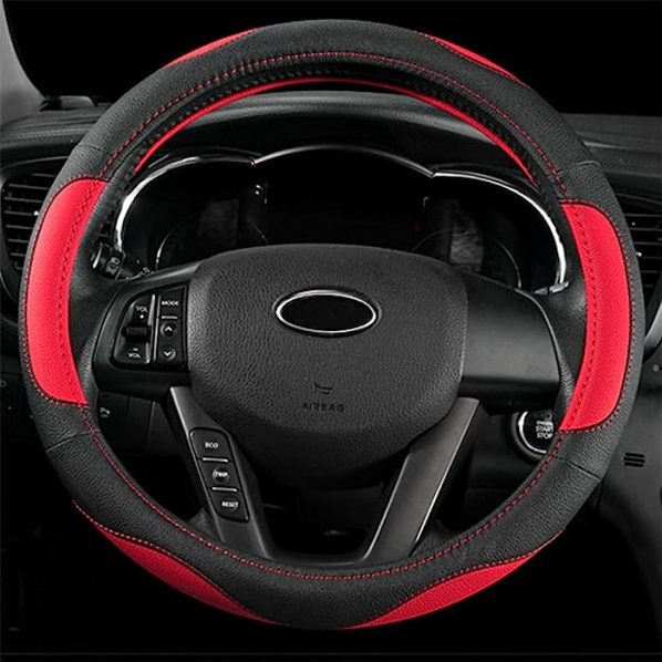 Funda Cubierta de Volante Coche Bricolaje Cuero Artificial Agujas Hilo Rojo Negro
